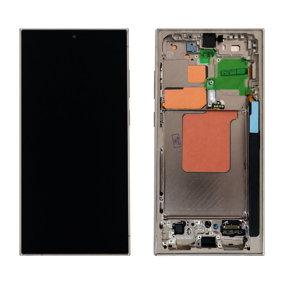 Samsung Galaxy S24 Ultra SM-S928B assembled genuine OLED display with titanium grey / orange / violet frame GH82-33396A - front and rear