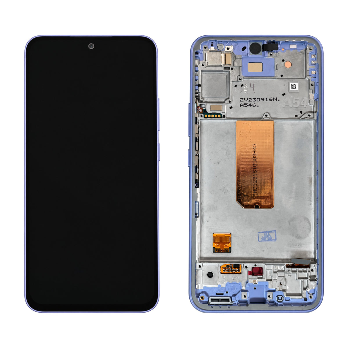 Samsung Galaxy A54 5G SM-A546B assembled genuine OLED display with light violet frame GH82-31231D - front and rear